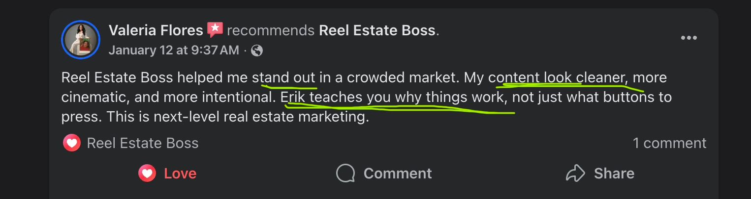 Valeria Flores — Facebook review of Reel Estate Boss